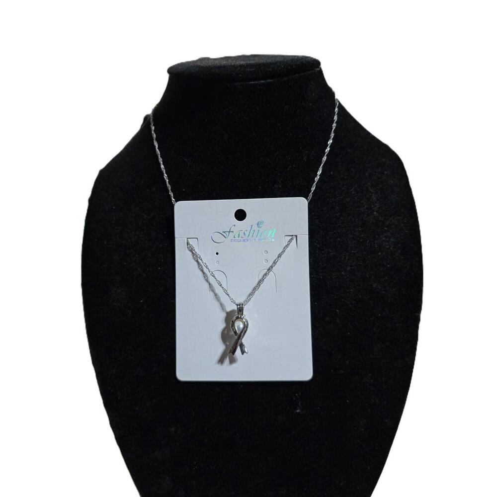 Breast Cancer Awareness Ribbon Caged Pearl Necklace
